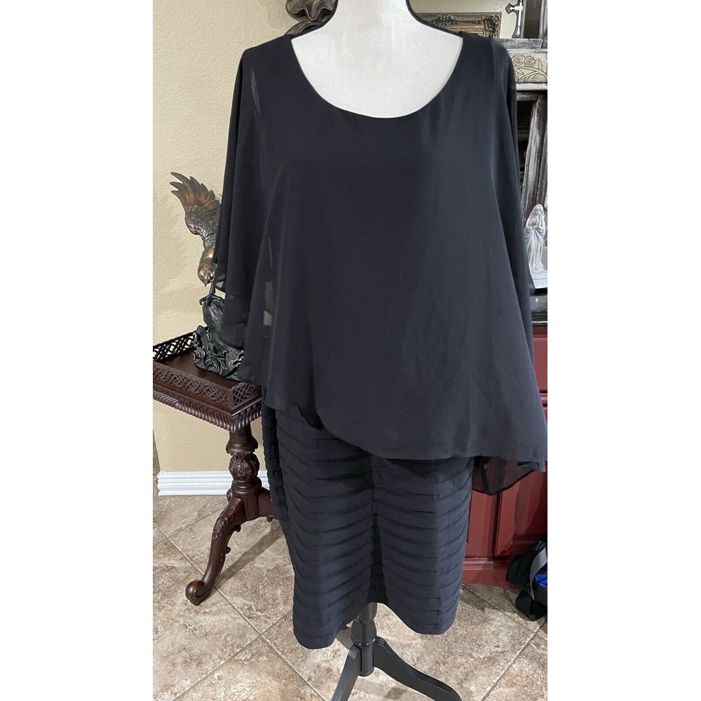 Scarlett Black Asymmetric Chiffon Overlay‎ Capelet Sheath Dress Size 18